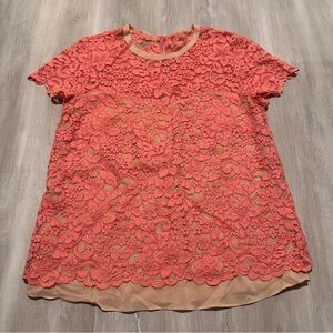 Nicole Miller Artelier Pink Peach Lace Lined Short Sleeve Top Sz P